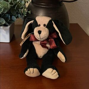 BOYDS BEARS Black and Cream Plush Dog with Red Bow NWT